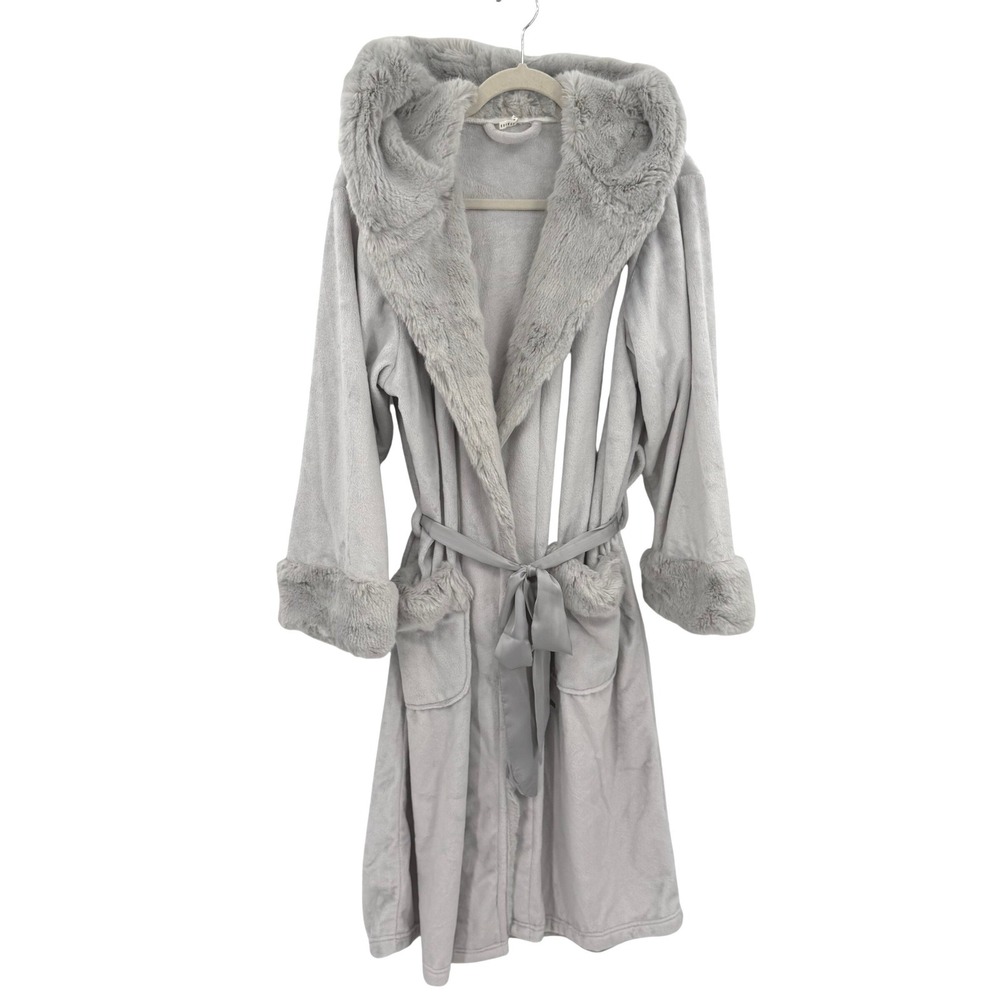 Pottery Barn Gray Faux Fur Trim Hooded Plush Robe Medium Long Sleeve Pockets